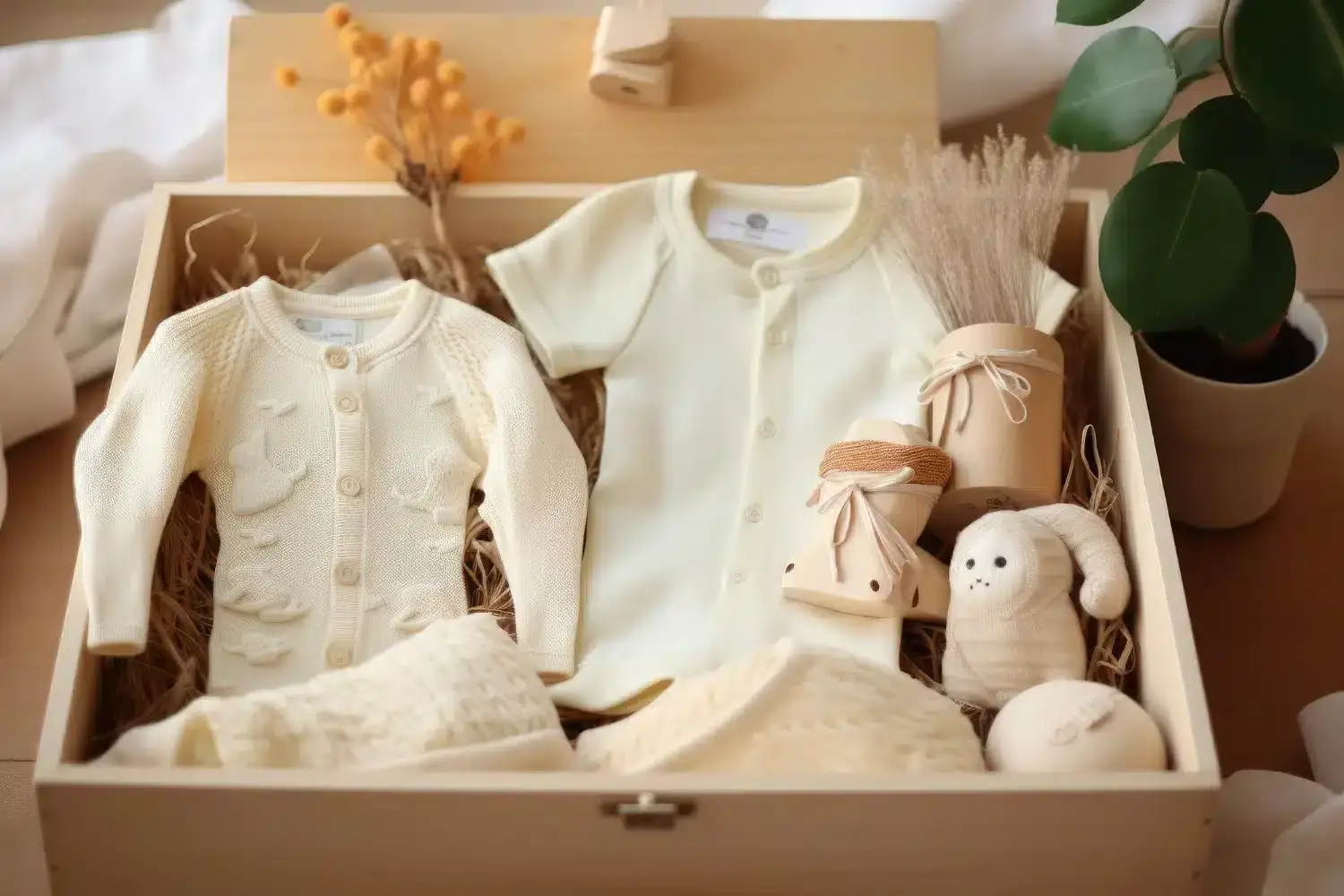 Roupas brancas de bebê em uma caixa de madeira para simbolizar o vestuário de batizado.