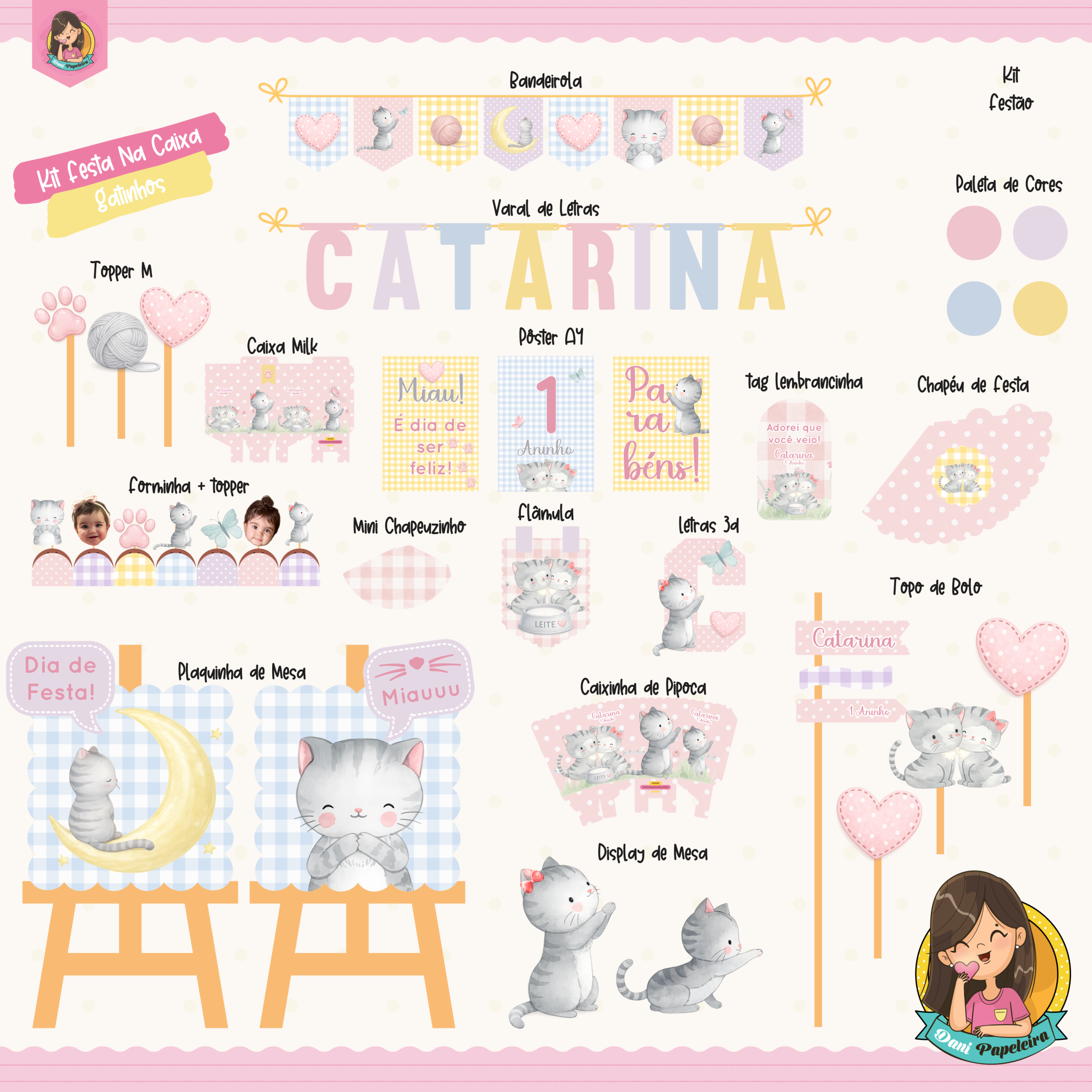 Kit Festa na Caixa Gatinhos Candy Color